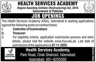 Health Services Academy Islamabad Jobs